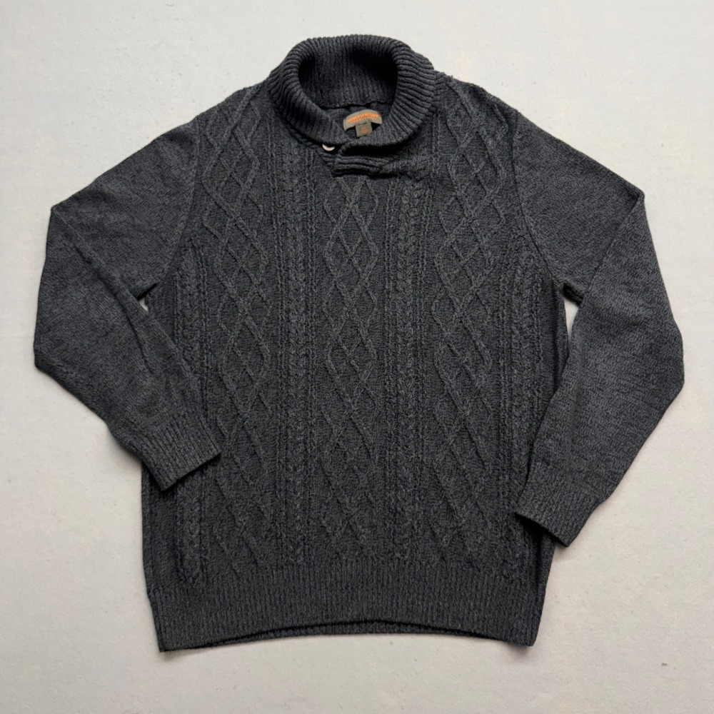 Northwest Territory Men's L Charcoal Gray Cable Knit Shawl Collar Sweater Cotton